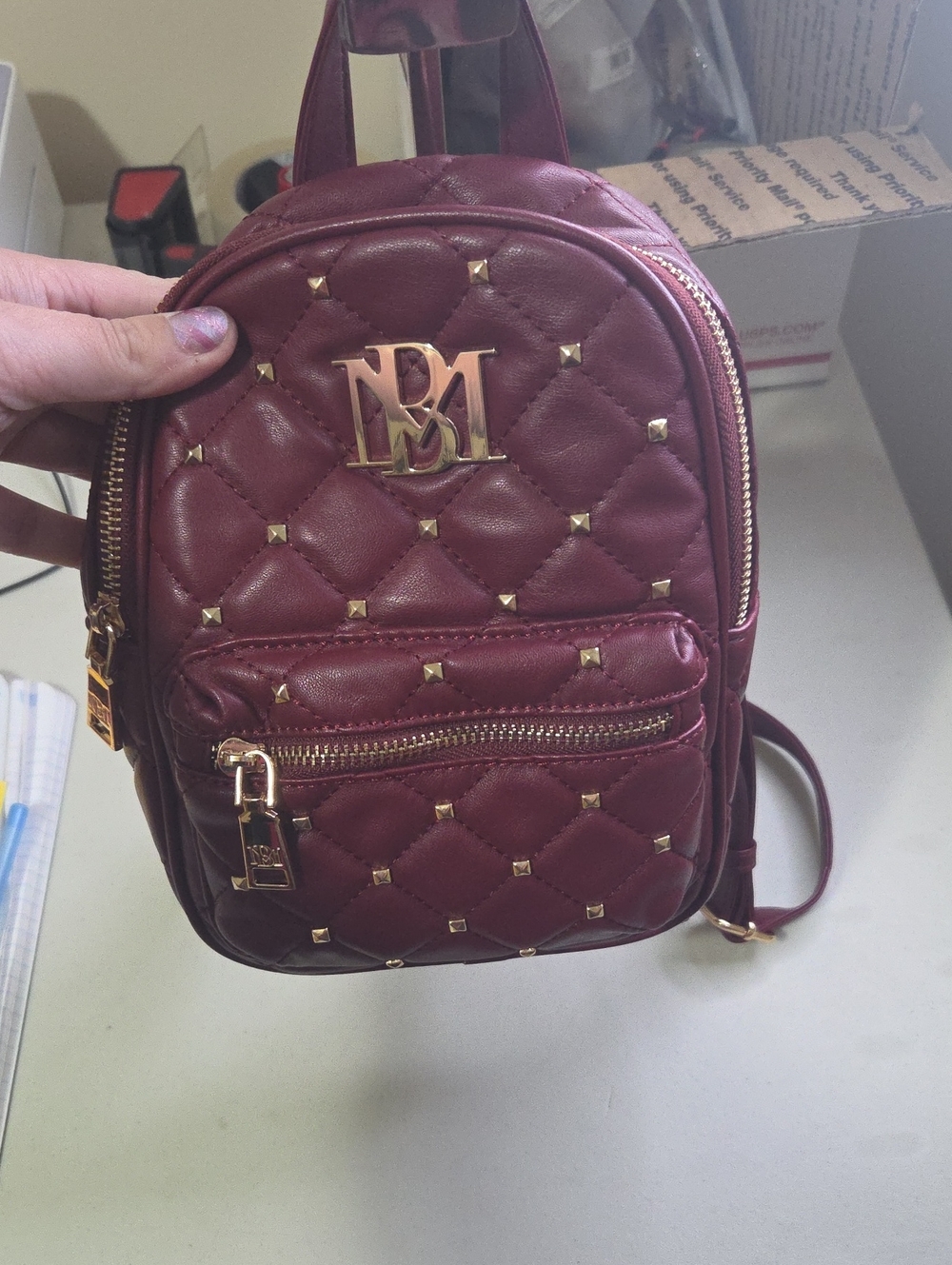 Badgley Mischka Mini Backpack with Gold Studs - Burgundy